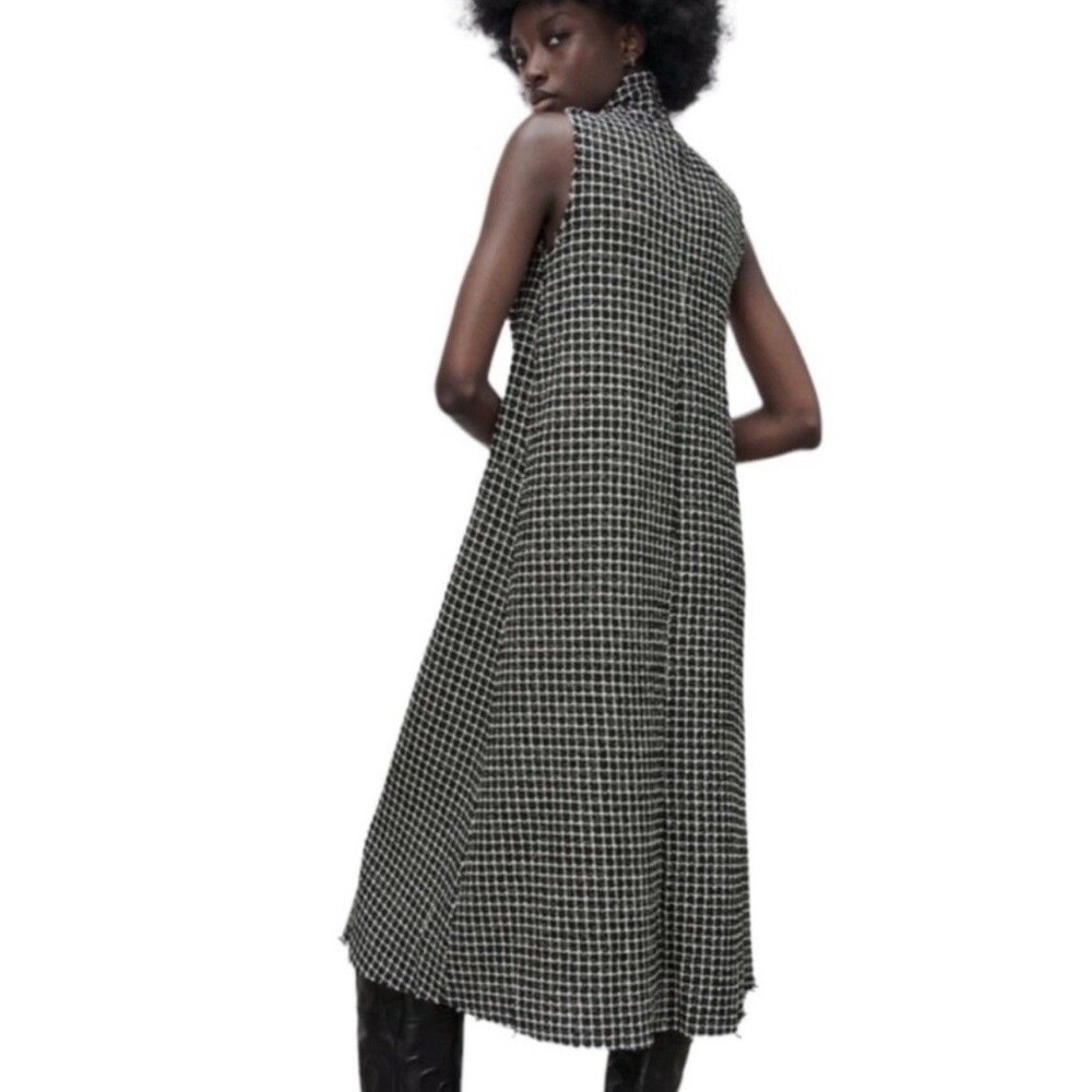 Zara Tweed Midi Dress Sizs Small Sleeveless Turtleneck Raw Hem Classic Old Money - Picture 2 of 11